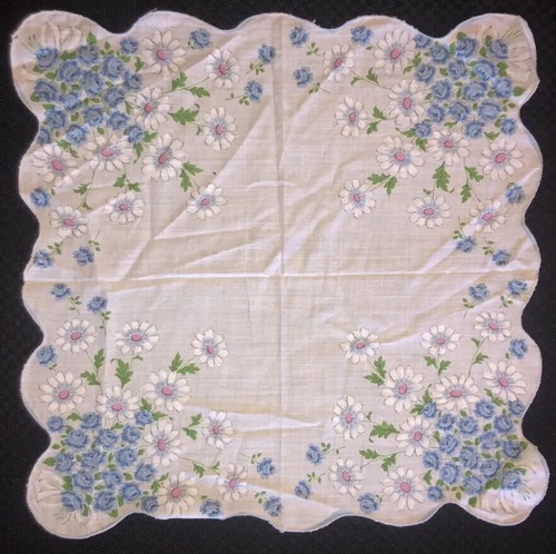 Vtg Ladies' Handkerchief with Scalloped Edge~Daisies&Roses~White Blue Pink Green - Picture 3 of 5
