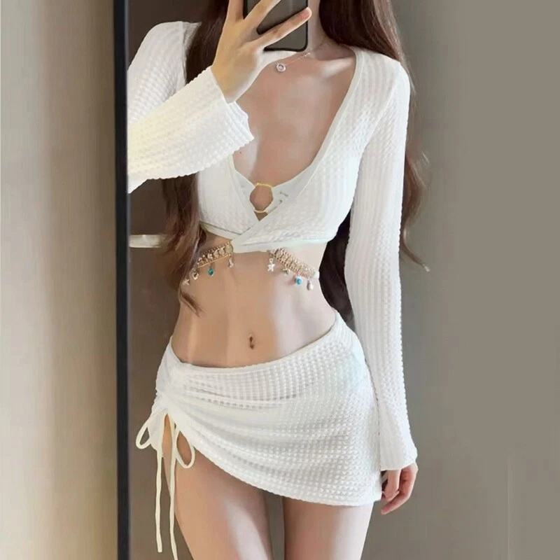 Womens 4 Piece Swimsuits Triangle Thong Bikinis Set Bathing Suit Cover Up Set - Image 4 of 4