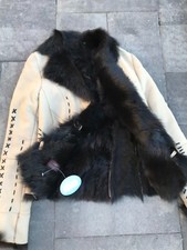 Nwt Vakko Brand Leather Whipstitch Cream Black Fur Jacket Size Xs Defect