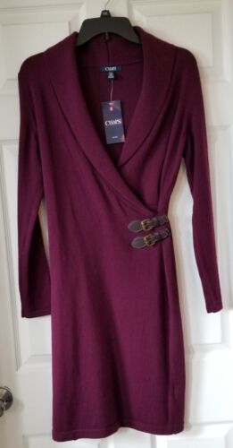 CHAPS Women's Purple Shawl Collar Long Sleeve Buckle Sweater Dress Size S - NEW - Picture 1 of 9