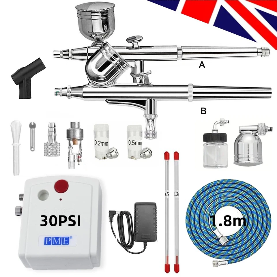 Professional Airbrush Compressor Kit w/ 2x Airbrushes & 0.2/0.3/0.5mm Nozzles