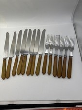 Vintage BUTTERSCOTCH BAKELITE 8 Knives 6 Forks Stainless Steel One Damaged