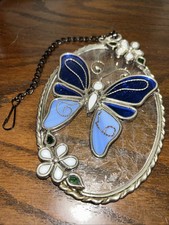 Stained Glass Blue Butterfly Suncatcher With Flowers