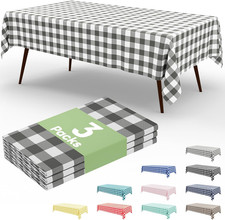 3 Pack Grey Gingham Disposable Tablecloths - 54" x 108" Heavy Duty Plastic Table