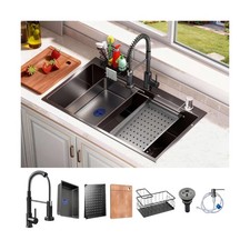 30x18 Black Drop-in Kitchen Sink: Deep Single Bowl Stainless Steel Workstatio...