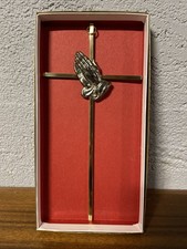Vintage Solid Brass 10 in. x 5 in. Hanging Cross with Praying Hands