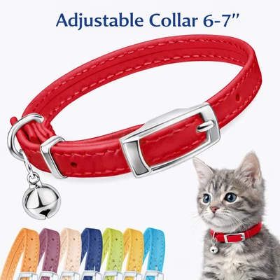 Leather Cat Collar with Bell Adjustable 6-7" Kitten Safety Collar Small Cats - Image 1 of 4