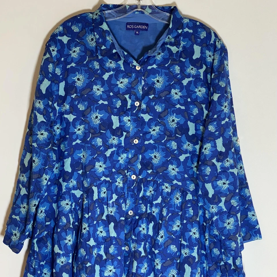Ro's Garden Dress Womens XL Blue Floral Button Front Cotton Lined Boho Tunic - Image 2 of 4