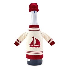 18cm Flaschenpulli Mit M&uuml;tze 100 % Baumwolle beige rotes Boot Maritimes Geschenk
