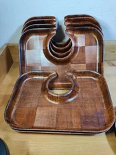 Snack Trays Set of 8 Vtg Portable Parquet Wooden Mingling  Wine & Dine