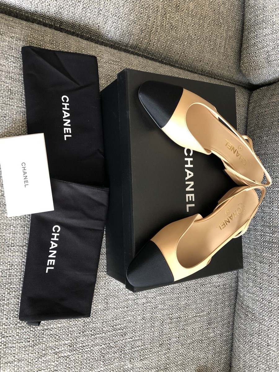 CHANEL ベージュ ブラック ハイヒール 37 New Chanel Size 37 Goatskin Slingback Beige/Black Flat | eBay
