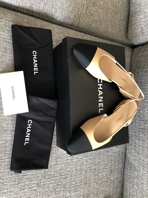 New Chanel Size 37 Goatskin Slingback Beige/Black Flat | eBay
