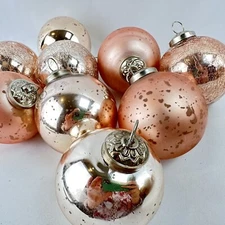 9 Rose Gold Blush Pink Crackle Mercury Kugel Style Glass Christmas Ornaments