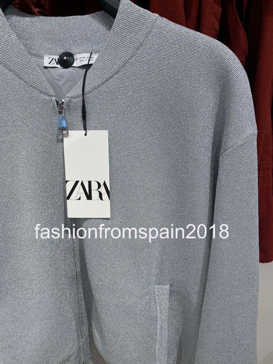 ZARA NEW WOMAN KNIT BOMBER CARDIGAN WITH METALLIC THREAD SILVER XL 2142/121