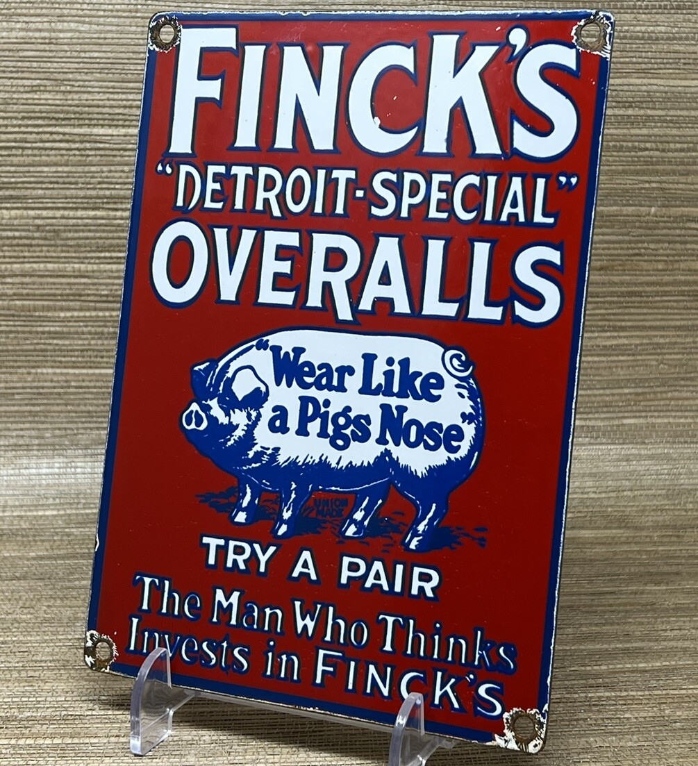 VINTAGE FINCK'S OVERALLS PORCELAIN SIGN PIG FARM FINKS LEVIS LEE