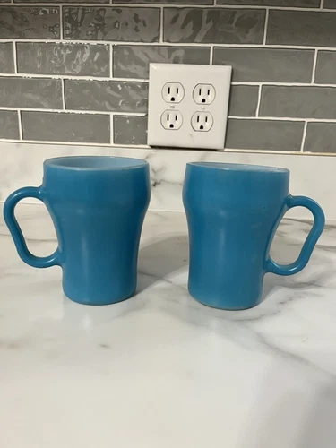  Anchor Hocking Fire King Oven Proof Sky Blue Soda Fountain Mug Cup USA Set 2 