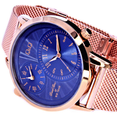 Q&Q by Citizen Herren Mesh Armband Männer Uhr Blau Rose Gold Farben Dualtimer