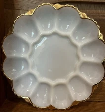 Vintage Fire King White Milk Glass Deviled Egg Serving Dish 10” W/Gold Trim