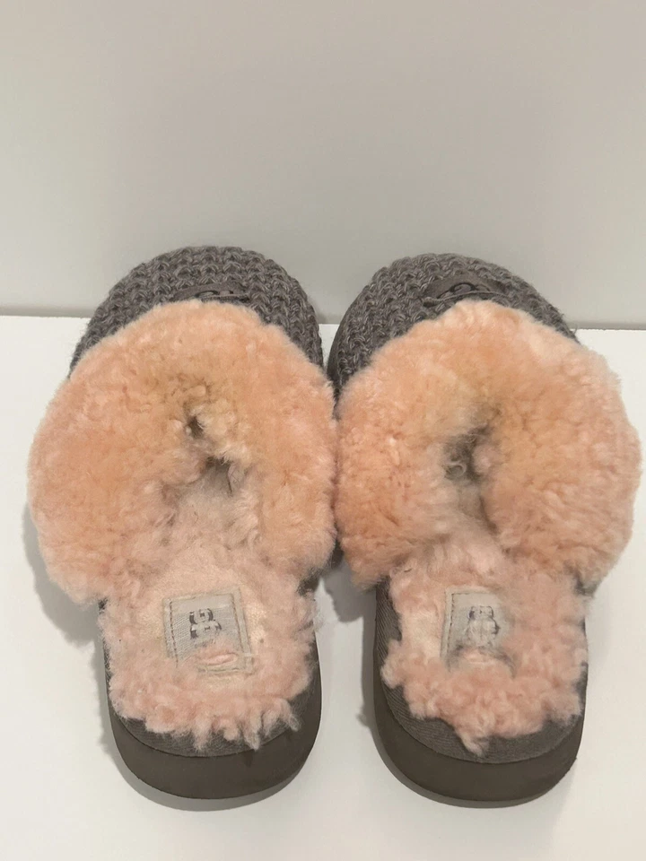 UGG Cozy Knit Slide Slippers Womens 5 US Charcoal Gray/ Pink Shearling Comfort - Image 3 of 4