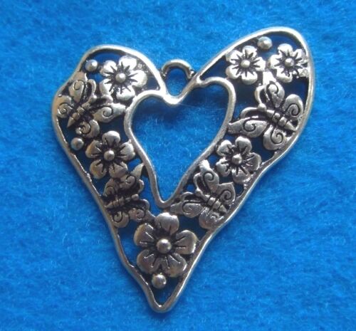 Pendant Vintage Heart Flower Butterfly Inlay Charm Antique Silver Jewelry  - 第 1/1 張圖片