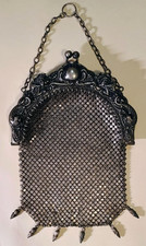 Early 1900's Art Noveau Repousse Mesh Purse German Silver/Bud Tassels 8"x5.25"