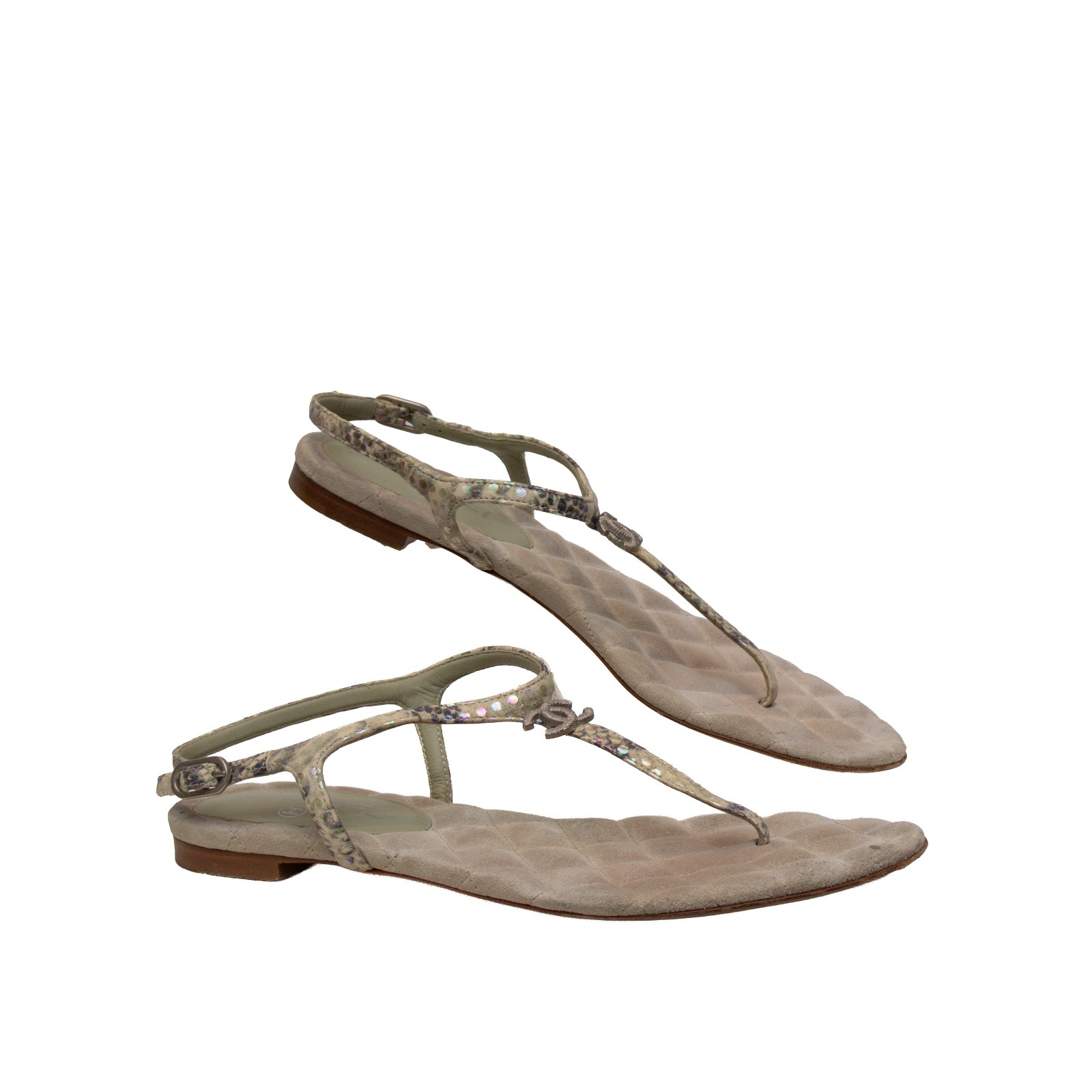 Chanel Green Python Embossed Leather T-Strap Sand… - image 2