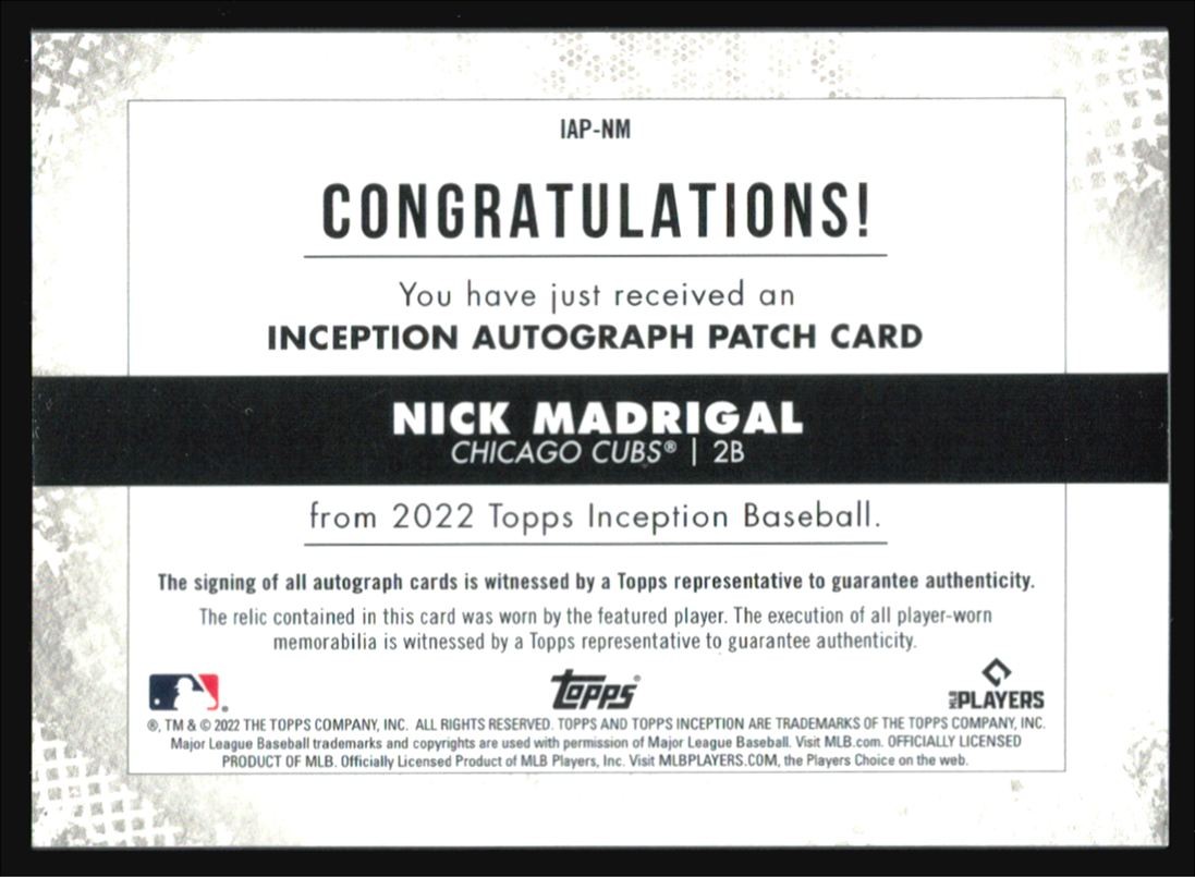 2022 Topps Inception NICK MADRIGAL Auto Jersey Patch /249 #IAP-NM view 2