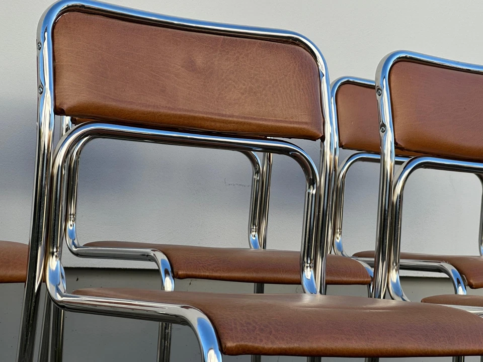 Vintage Bauhaus Chrome Tubular Steel Chair, Brown Faux leather dining chairs - Bild 3 von 4