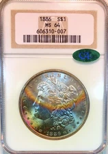 1886 MORGAN NGC MS64CAC! SPECIAL CRESCENT RAINBOW! LIGHT TEXTILE REVERSE #VIP45