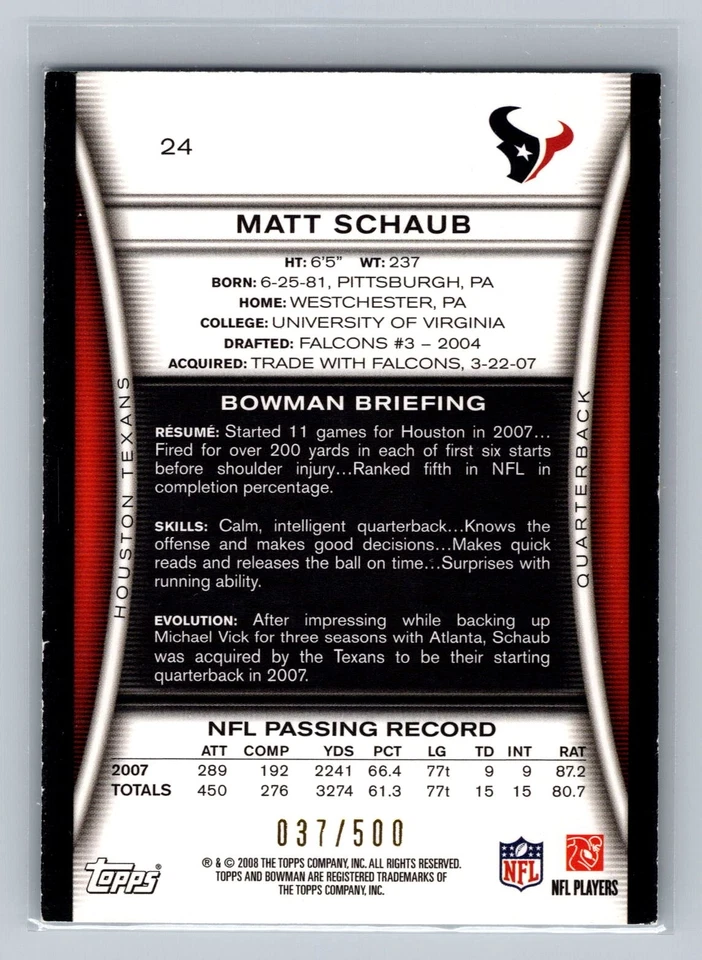 2008 Bowman #24 Matt Schaub Blue #/500 - Image 2 of 2