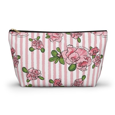 Vintage Chic Accessory or Makeup Bag with Pink Stripes and Pink Azaleas