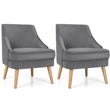 Costway Set of 2 Accent Chairs Velvet Single Sofa Chair w/Rubber Wood Legs Grey