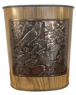 Vtg Weibro Metal Tin Trash Can Waste Basket Bronze Embossed Birds Faux Woodgrain