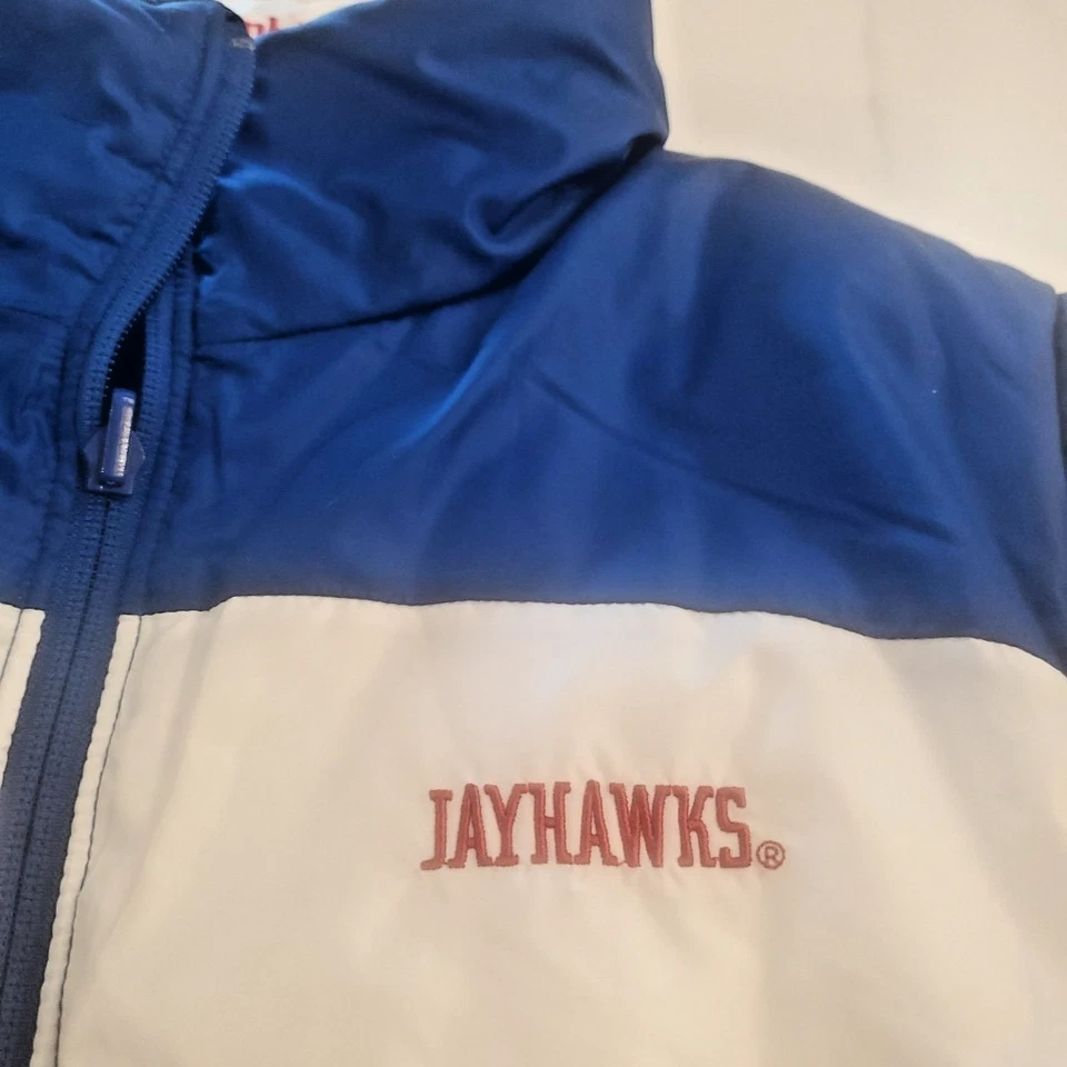 Chaleco Columbia Puffer Jayhawks Mujer Mediano/Grande Blanco Azul Reversible KU DE COLECCIÓN Foto 2 de 4