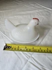 Vintage Milk Glass Hen on Nest Covered Dish 4.5" - Two Pieces Red & White