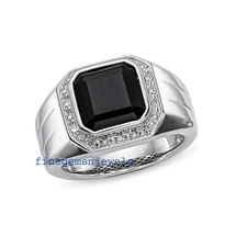 Natural Black Onyx & CZ Gemstones 925 Sterling Silver Ring for Men's #99