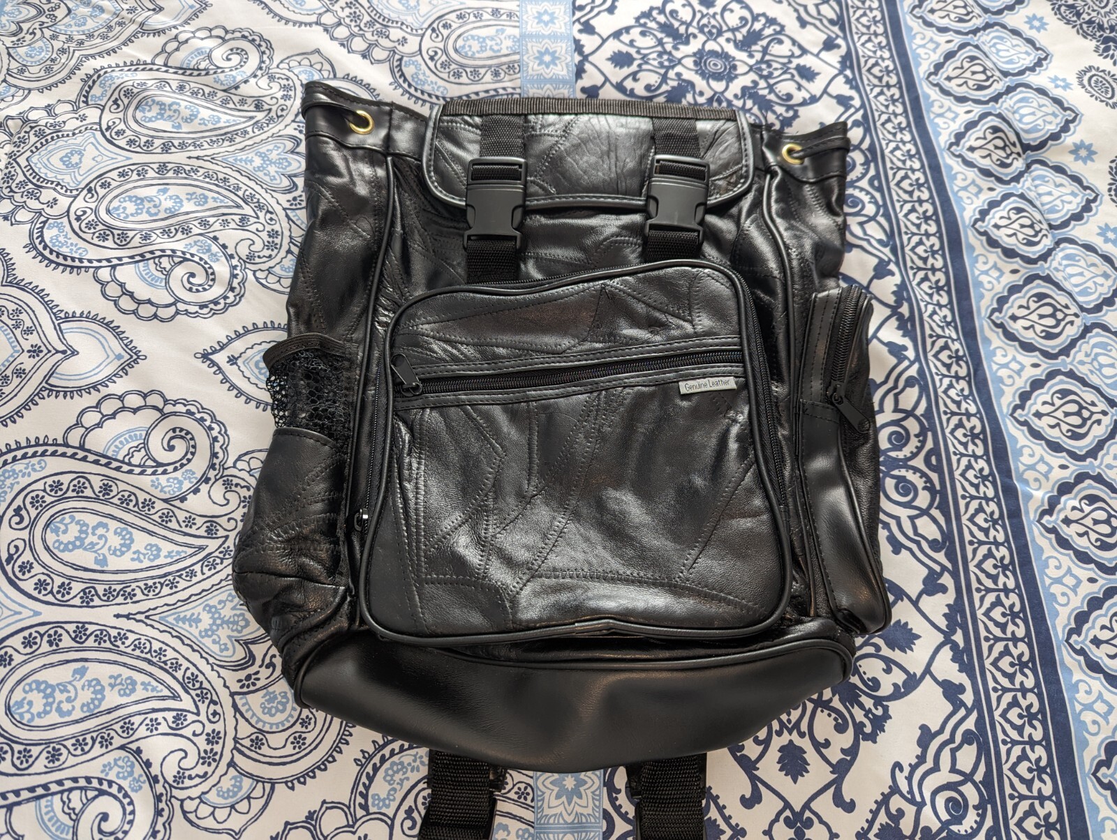 Leather Patchwork Backpack With Drawstring Top Un… - image 1