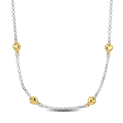 Amour Two-Tone Yellow and White Silver Heart Station Necklace - 16.5+1 in.