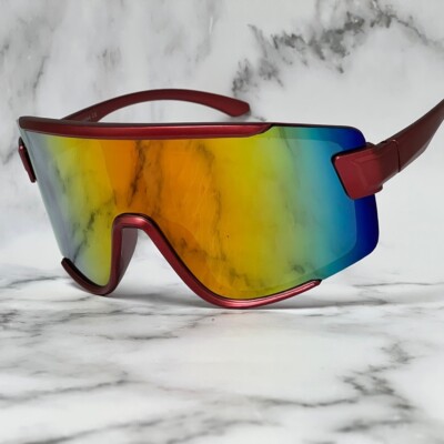 Shield Sunglasses Mirrored Lens Sport Cycling Running Driving Red Frame Lentes