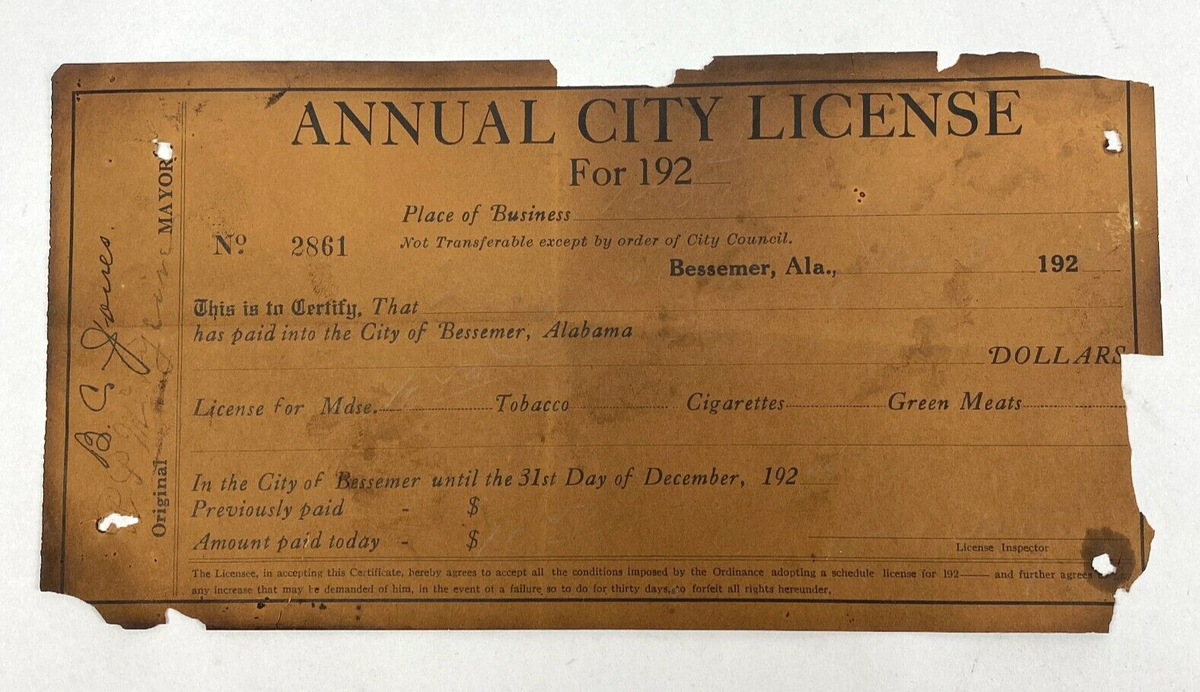1920's Business License Bessemer AL Tobacco Cigarettes Green Meats Annual  Blank