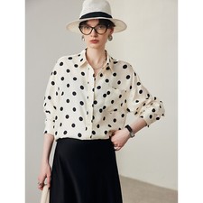100 Mulberry Silk Shirt Women Spring Polka Dot Wide Loose Twill Casual Tops OL