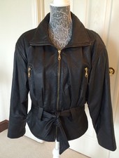 Women  s VTG 80  s Black LEATHER Belted Moto Quilted Jacket Padded Shoulders  M