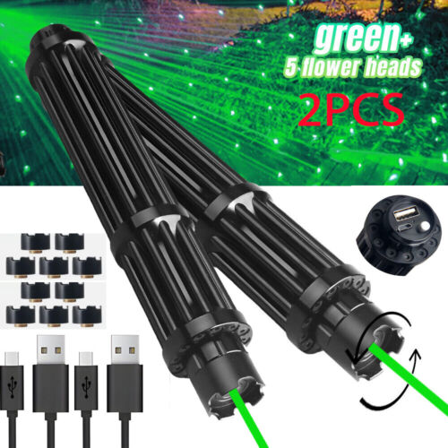2X10 W High Power Green Laser Pointer Pen USB Charging Visible Light with 10Caps
