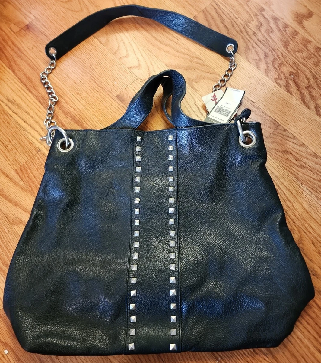 NWT 350 BCBGMAXAZRIA Large Silver Studded Black Pebble Grain Leather Purse