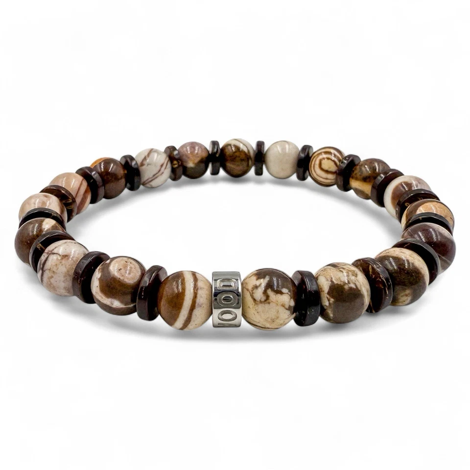 Pulseira masculina de contas de pedra preciosa e madeira - Código Kenobi - Joias elásticas feitas à mão - Imagem 4 de 4