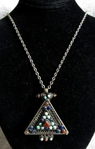 Tibet Tibetan Silver Metal Turquoise Coral Lapis Tribal Pendant & Necklace Chain