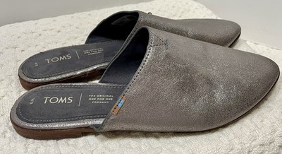 TOMS Sz 9 Jutti Leather Silver Metallic Pewter Flat Shoe Slip On Mules Gray