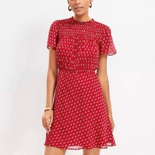 NWT LOFT Paisley Clip Dot Smocked Yoke Flare Dress Red Short Sleeve Pretty 14