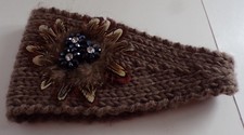 Winter Brown Headband with Feather and Beads Flower Accent Ear Warmer