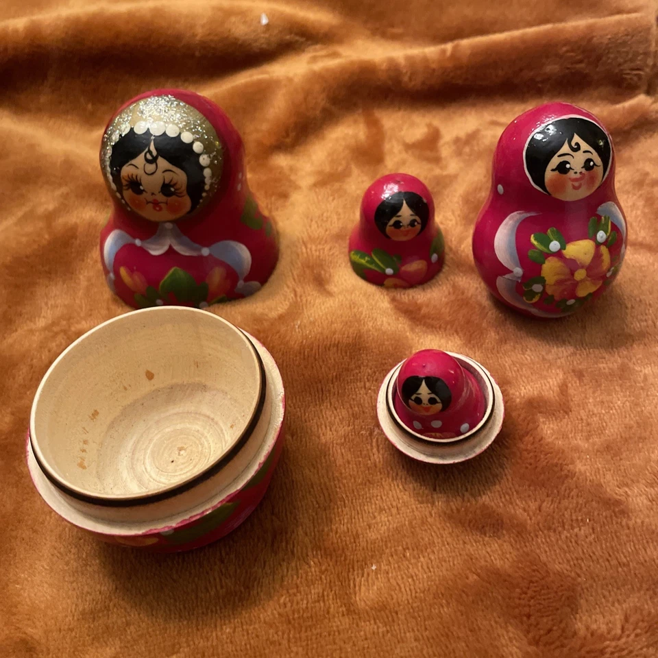 Babushka Stacking Set Nesting Wooden Dolls Flower Russian Matryoshka Traditional - Image 4 of 4